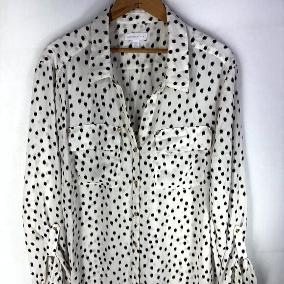 Charter Club Tops - Charter Club White Black Polka Dot Long Sleeve Button Blouse